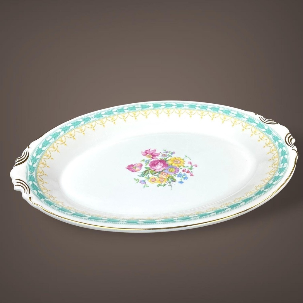 Syracuse Betsy Ross Turquoise Platter 14" Oval Old Ivory OPCO 1930s-40s